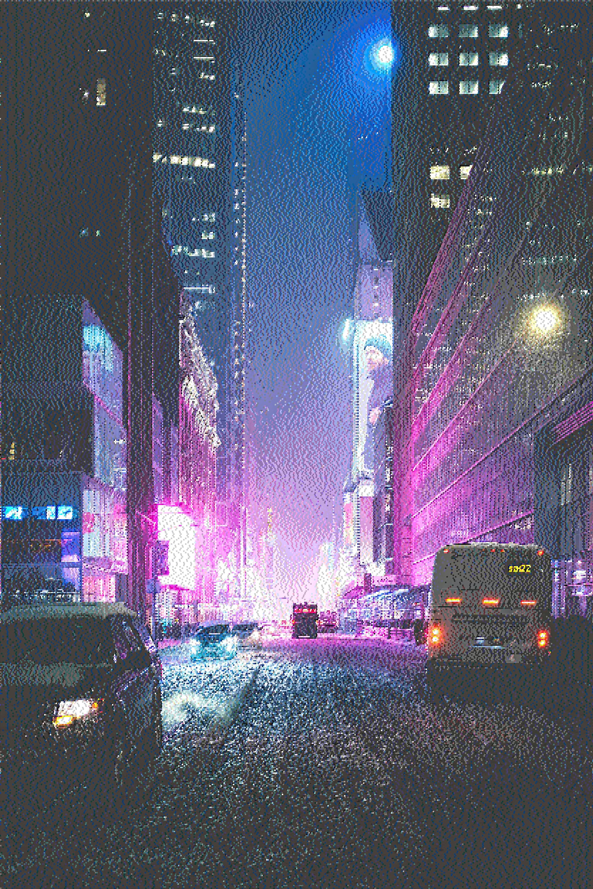 City lights photo with Two-Row Sierra dithering algorithm showing distinctive diagonal patterns and smooth tonal gradients in urban night scene