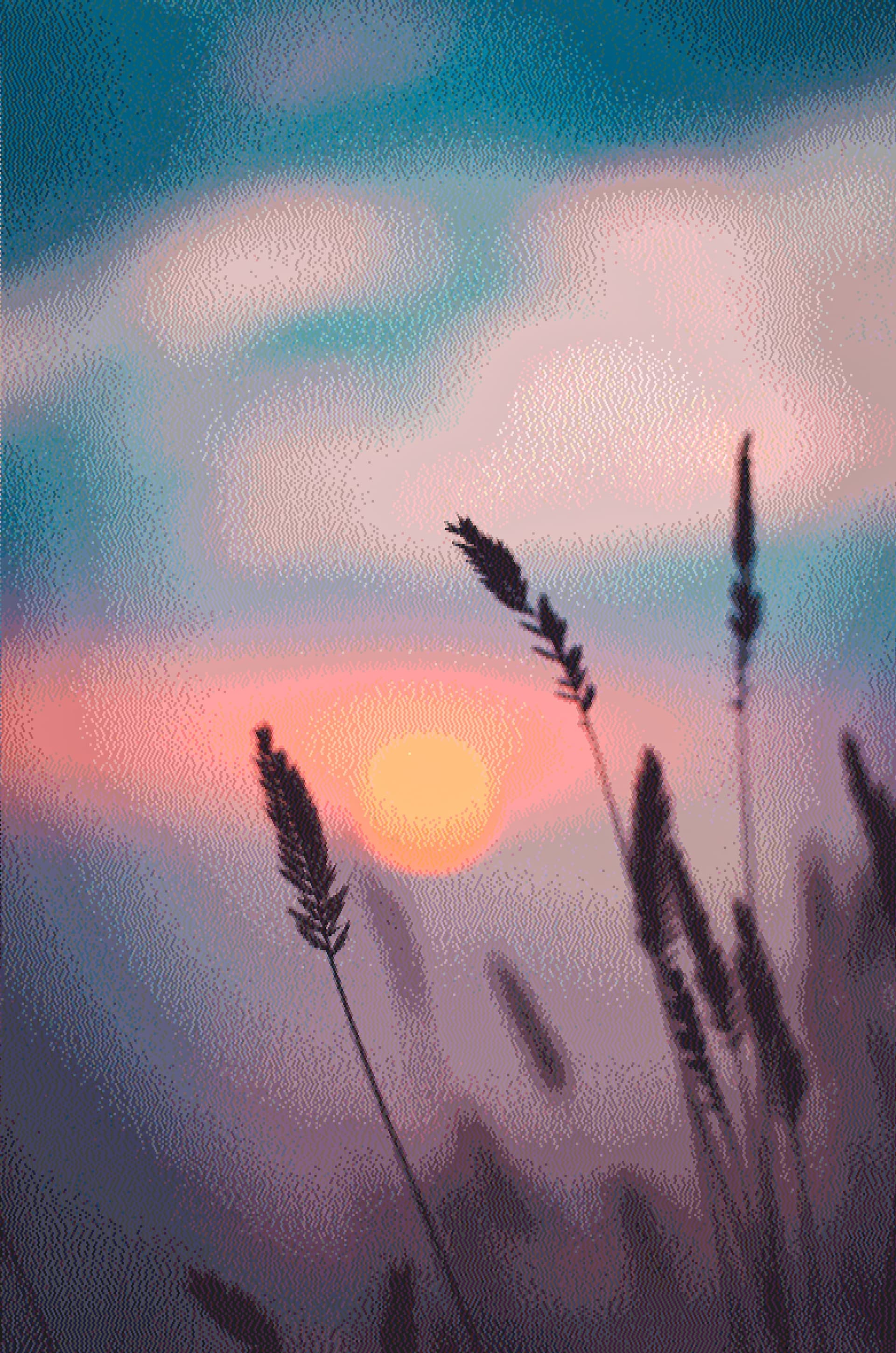 Sunset landscape with Floyd-Steinberg error diffusion dithering showing smooth gradient transitions and natural color reproduction