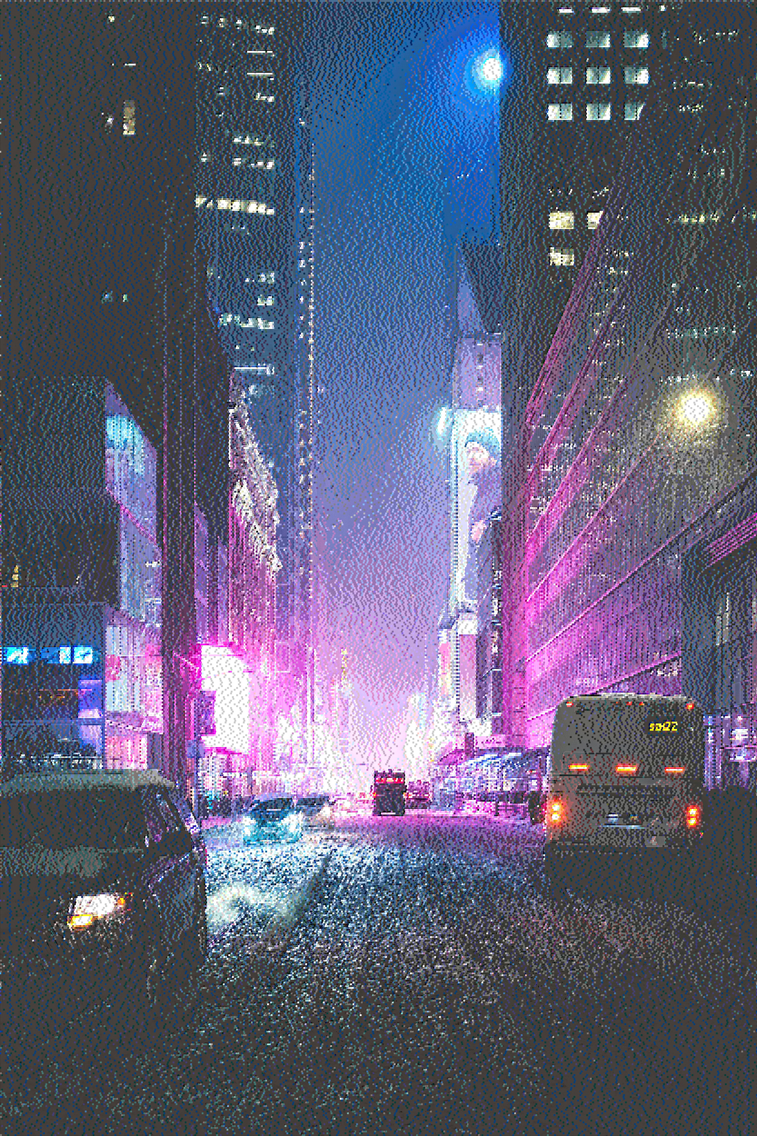 City lights photo with Two-Row Sierra dithering algorithm showing distinctive diagonal patterns and smooth tonal gradients in urban night scene