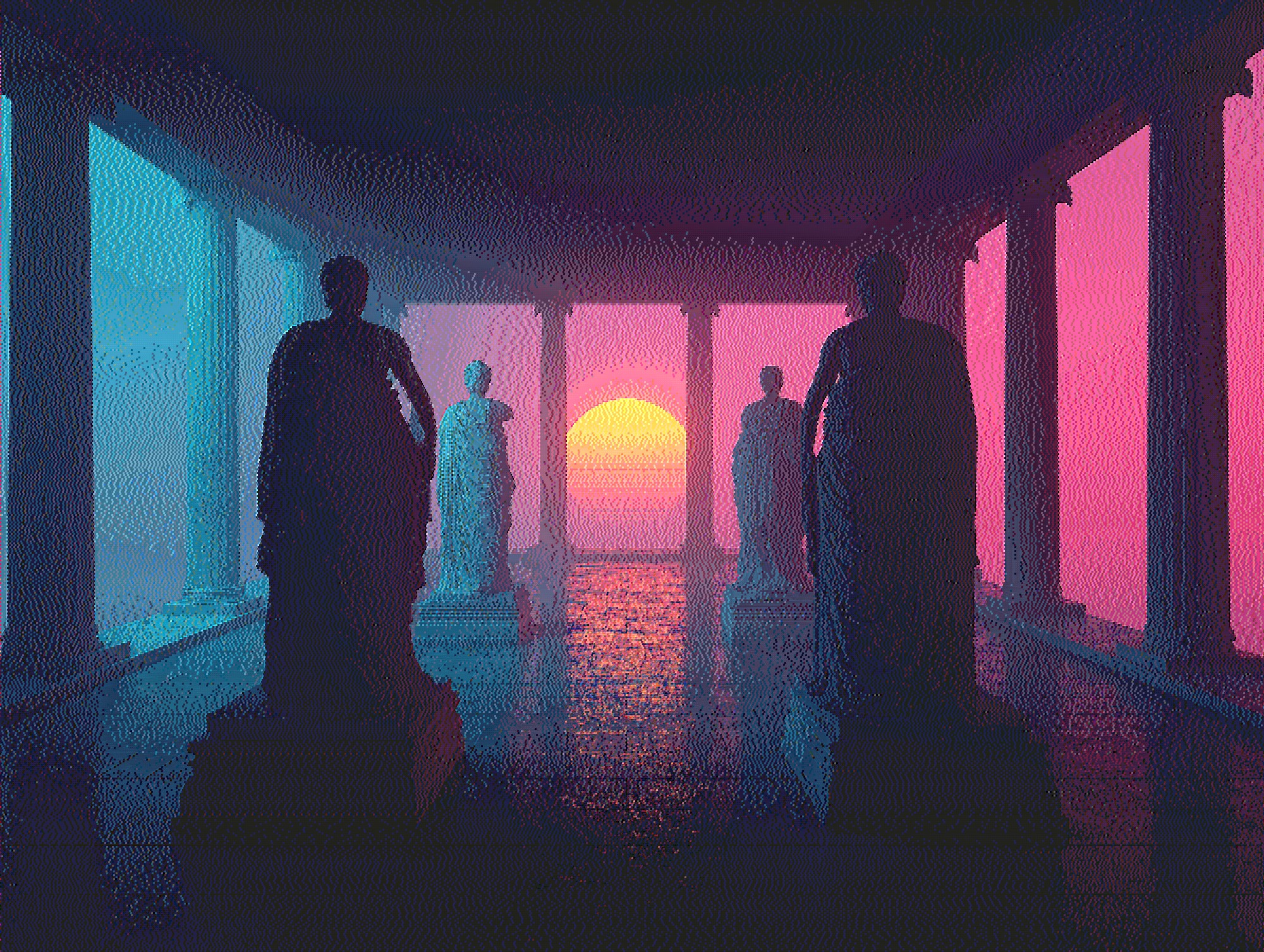 Vaporwave sunset photo with Error Diffusion dithering showing highest quality minimal artifacts and smooth gradients