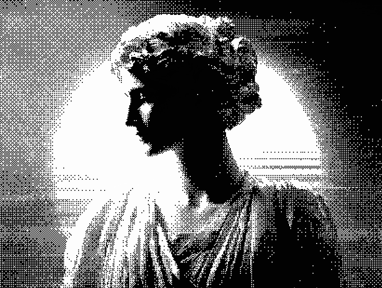 Portrait with ordered Bayer dithering online — geometric pop-art halftone grid pattern
